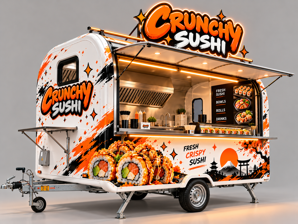 Der Crunchy-Sushi-Foodtruck in Weiß und Orange mit beleuchtetem Logo und geöffneter Ausgabeklappe